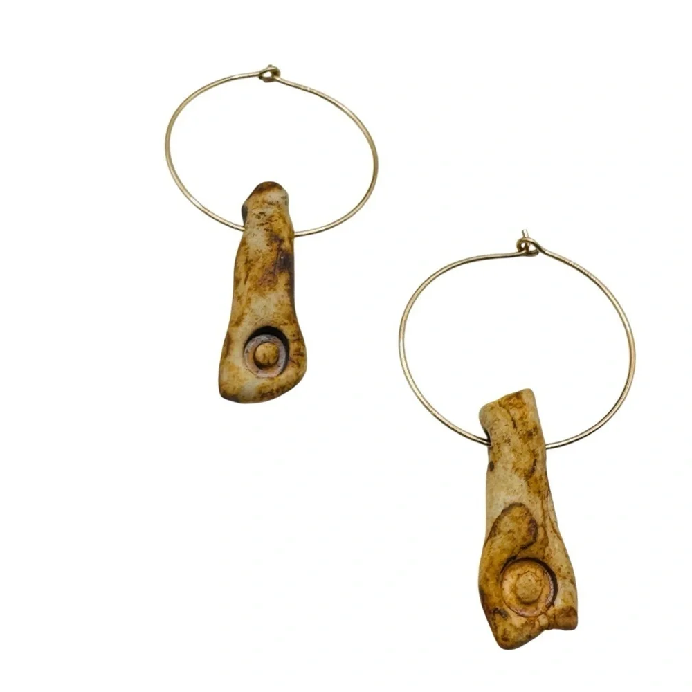 Boho Bone Drop Hoop Earrings Carved Organic Pendant Gold Tone